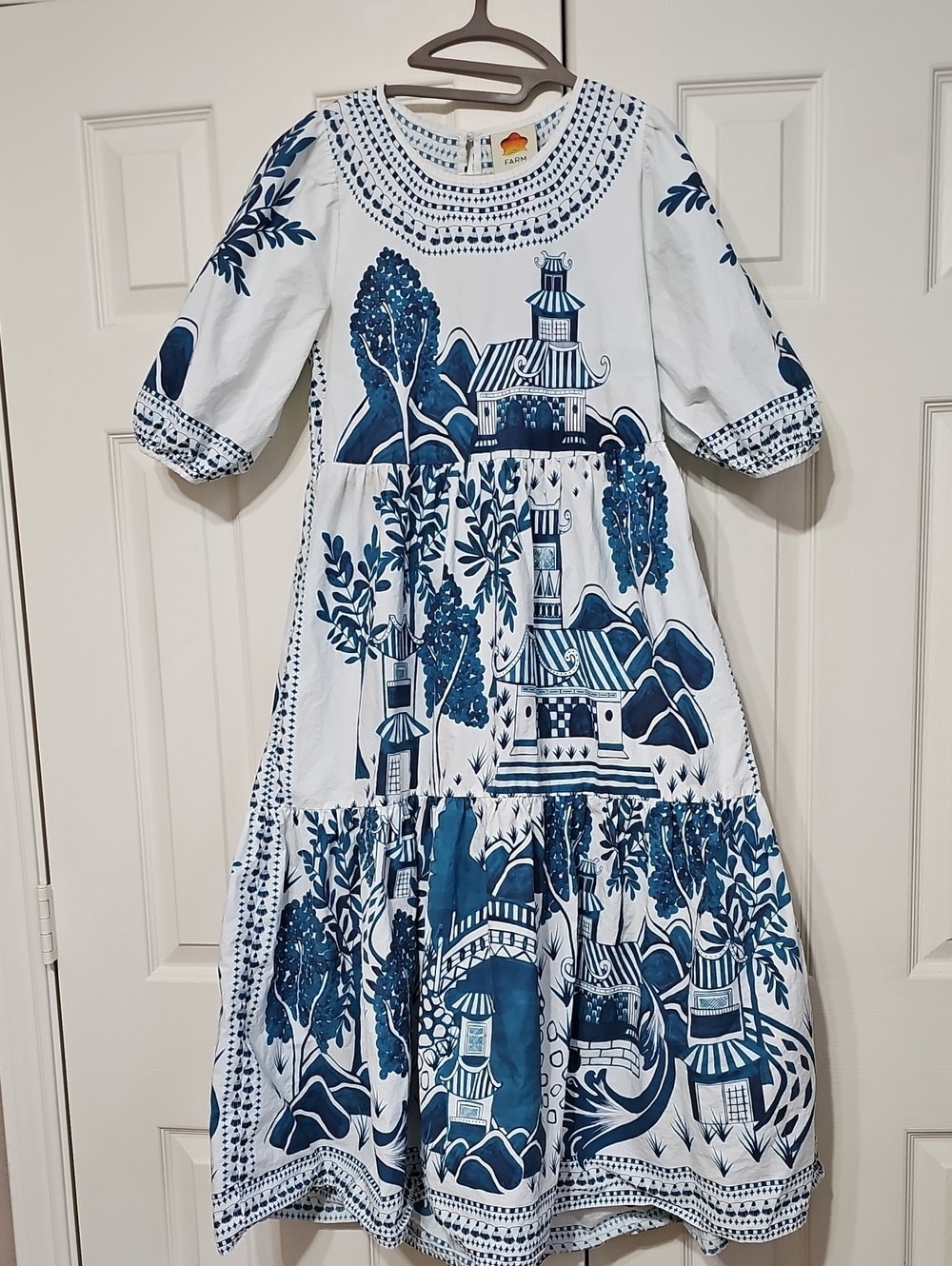 Blue and White Farm Rio Midi Dress